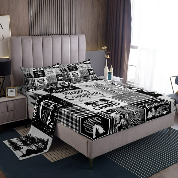 YST Rv Sheet Set Plaid Camper Bed Sheets King Rustic Farmhouse Camping Bunk Bedding Set Camper Accessories For Travel Trailers,Woodland Travel Fitted Sheet + Flat Sheet + 2 Pillow Cases