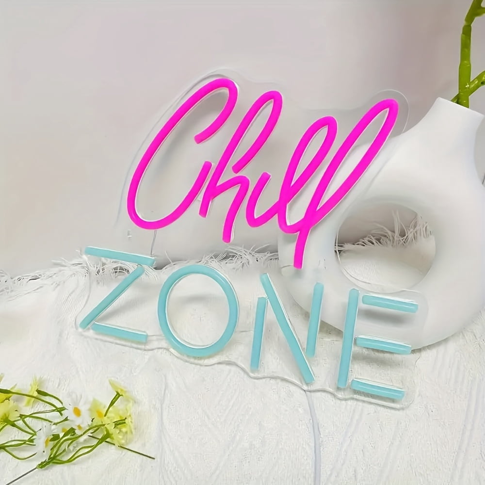 Chill Zone" LED Neon Sign | USB Dimmable Mood Light For Bedroom & Living Room | Vibrant Party Decor With Switch Control - Relaxing Plastic Wall Art Gift
