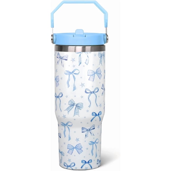 30 Oz Blue Bow Flip Tumbler With Lid and Straw, Coffee Travel Mug, Blue Bow Gifts for Women Girls, Bow Home Decor