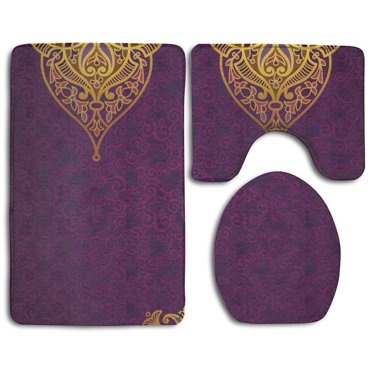 PUDMAD Gold and Purple Leaves 3 Piece Bathroom Rugs Set Bath Rug Contour Mat and Toilet Lid ...