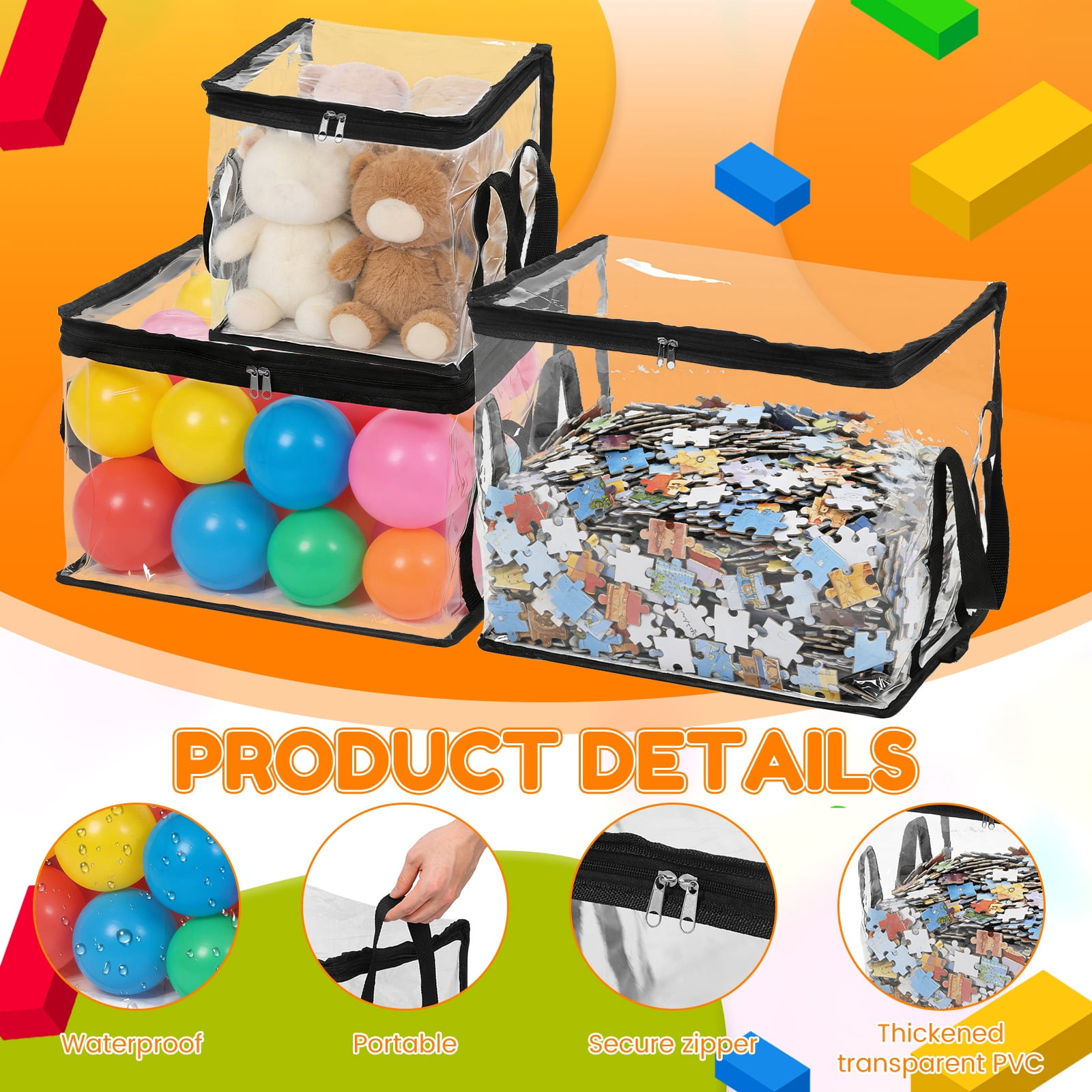 6Pcs Toy Storage Bag with Handle and Zipper Clear PVC Toy Organizer Bag Multipurpose for Doll Board Game Building Block