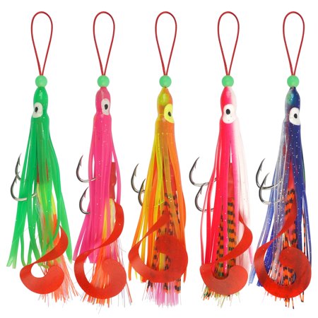 Saltwater Squid Fishing Lure Set 5pcs Luminous Soft Squid Jigging Lures with Double Assist Hook Octopus Squid Skirts for Saltwater Ocean Fishing
