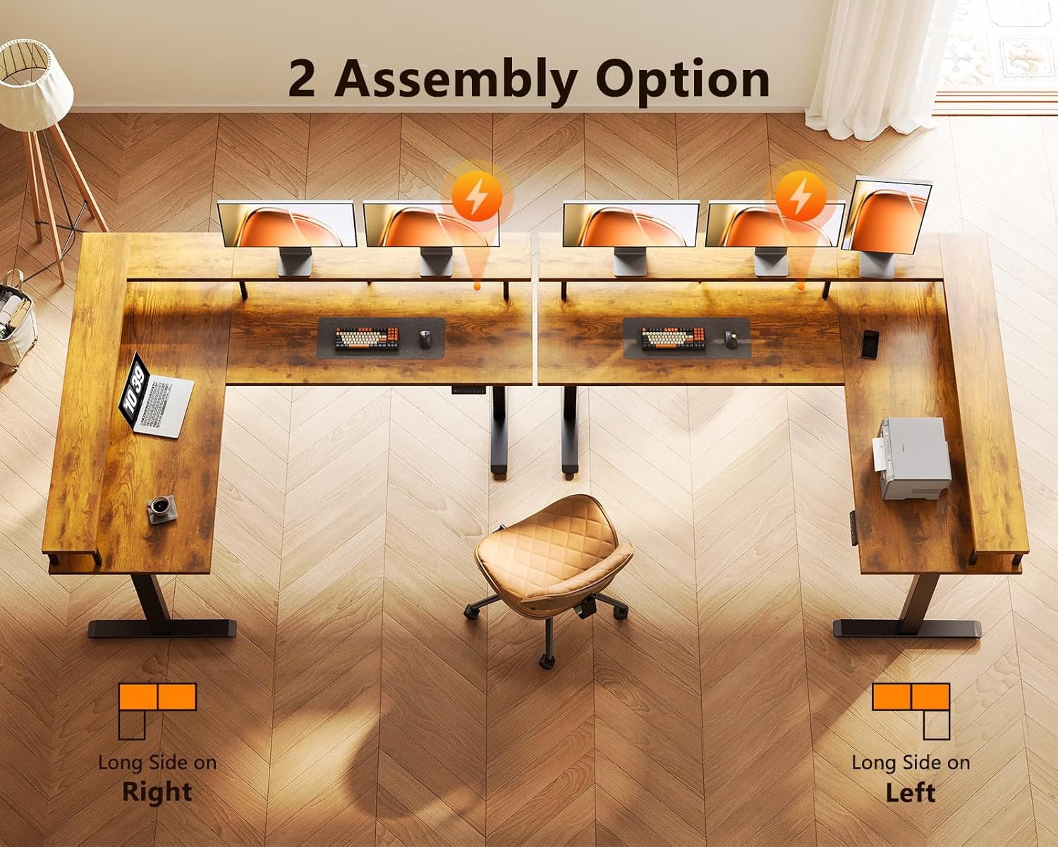 AODK Electric L Shaped Standing Desk, 59 Inch Height Adjustable Stand Up Desk with Power Outlets ＆ Full Monitor Stand, Reversible Corner Desk for Home Office ＆ Computer Workstation, Rustic Brown