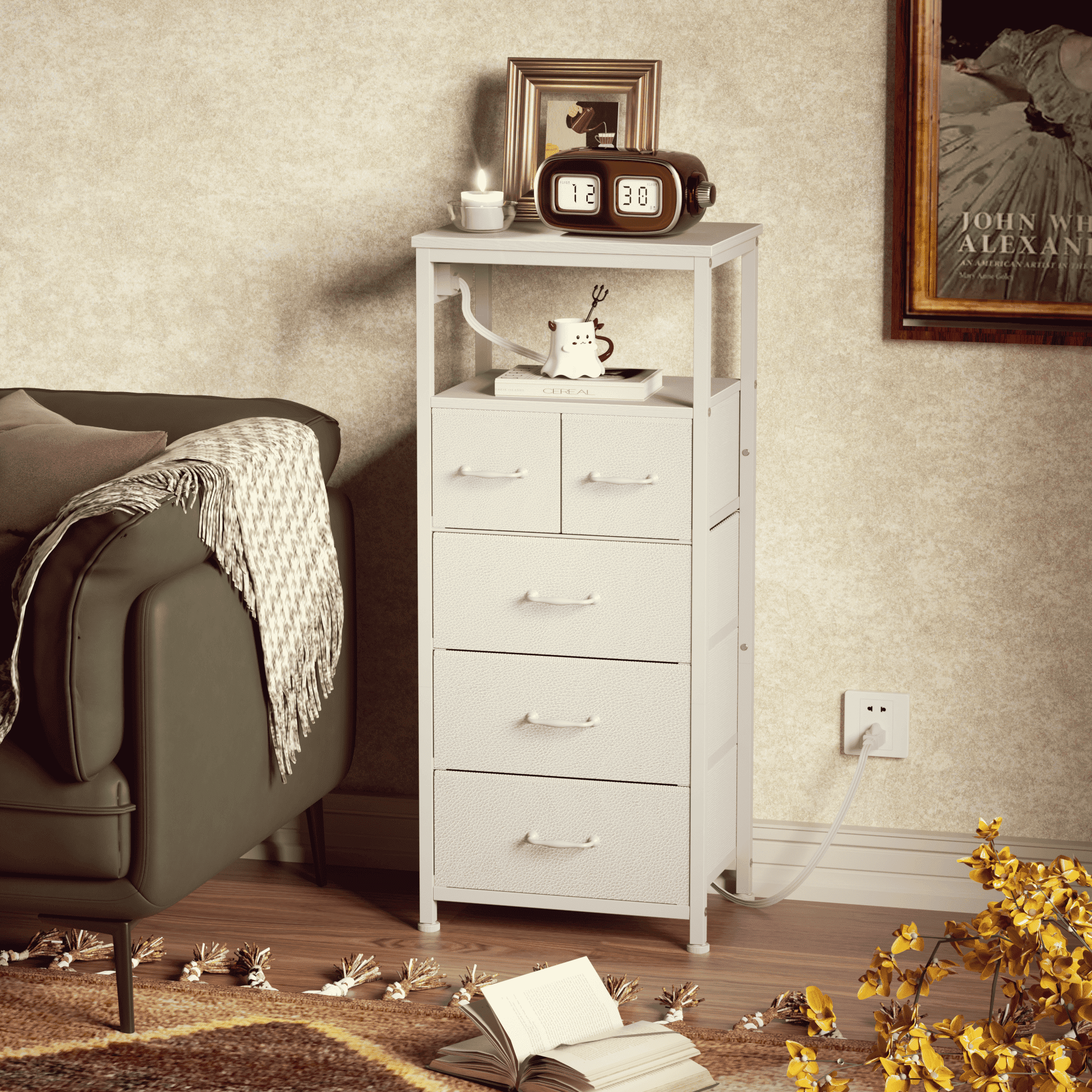 TYDIMOR Small Dresser for Bedroom, 5 Drawer with Charging Station, White, Ideal for Adults