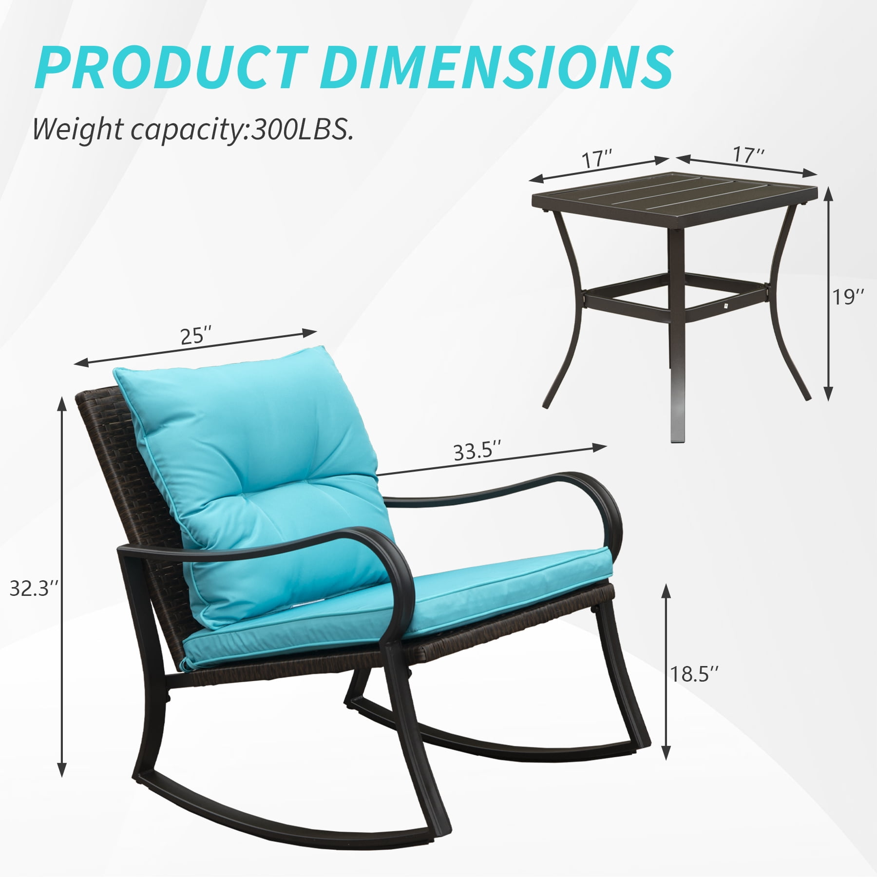 Leumius 3-Piece Outdoor Rocking Chair Set,Wicker Rocking Bistro Patio Set with Cushions & Table for Backyard, Porch, Balcony, Poolside,Blue