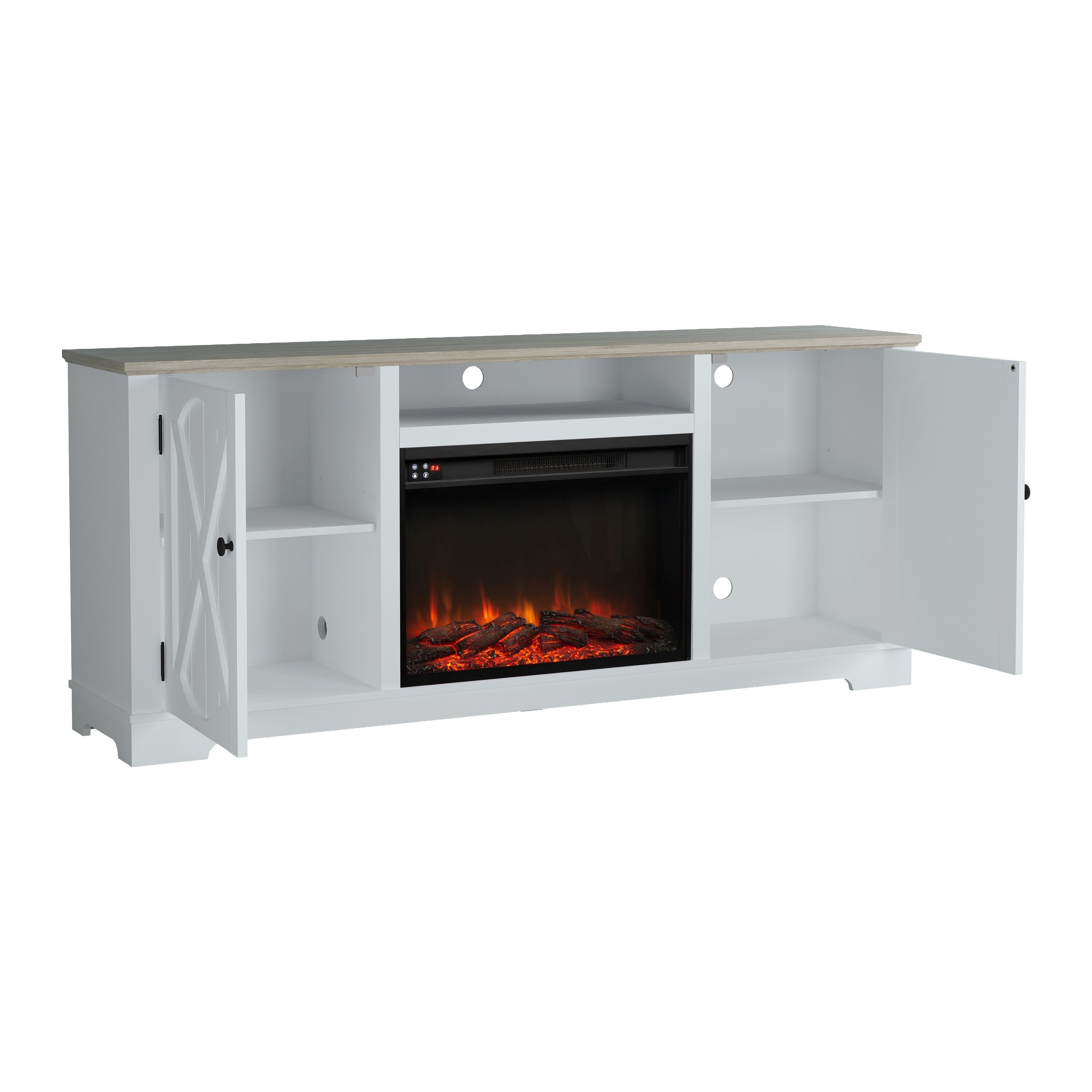 70" Farmhouse TV Stand with 26" Electric Fireplace,Heats 400 Sq Ft,White