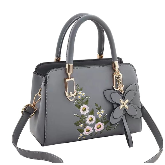Women's Embroidered Satchel Top Handle Purses and Handbag Ladies Lightweight Totes Crossbody Shoulder Bags Gray