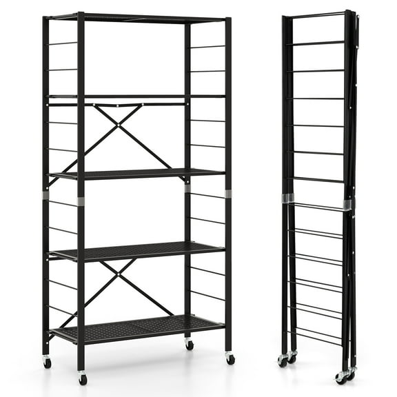 Wangbujianwang 5-Tier Folding Storage Shelf, Adjustable Shelves with Wheels, Detachable Shelving Unit, Large Capacity, Storage Rack for Garage, Kitchen, Balcony, Living Room, Black