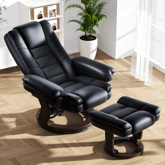 Swivel Recliner Chair with Ottoman, Wood Base Thick Padded Cushion, PU Leather Adjustable Lounge Chair Footrest Set for Living Room Bedroom Home Office