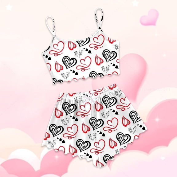 Women's Pajama Set Heart Print Sleeveless Top and Shorts Comfortable and Stylish for Lounge and Sleep