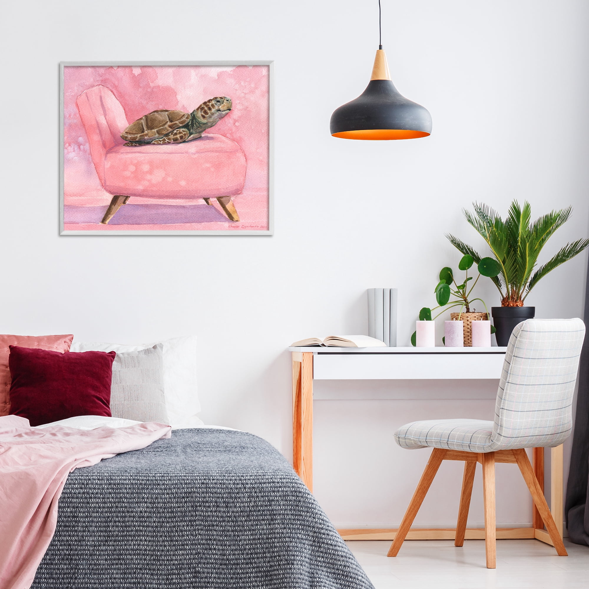 Stupell Industries Happy Turtle on Pink Chair White Framed Giclee Art, design by George Dyachenko