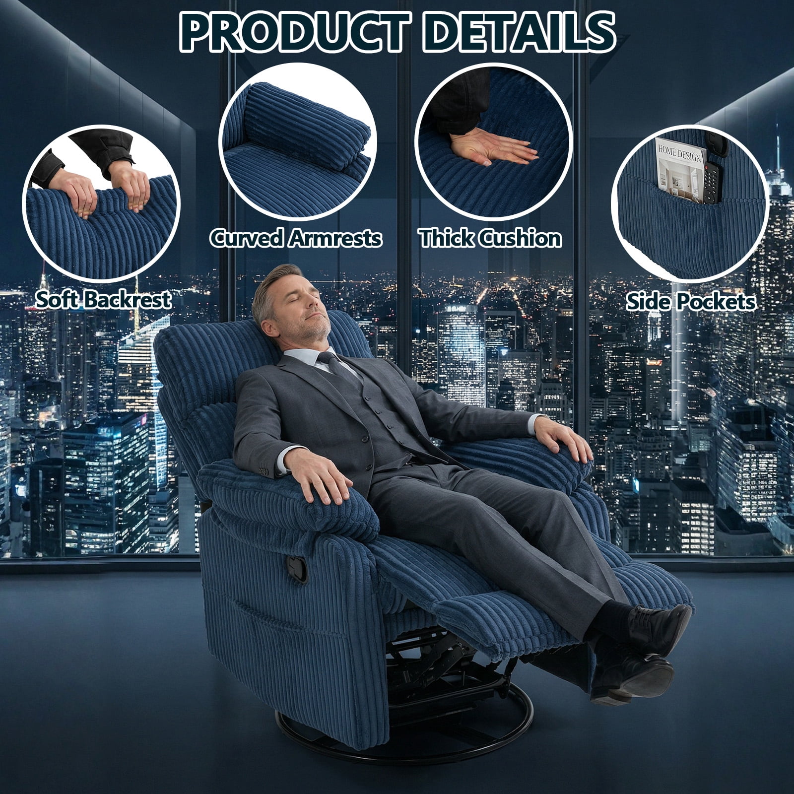 Leumius Swivel Recliner Chair,360° Swivel Rocker Chair for Living Room,Upholstered Nursery Glider Recliner Chair for Small Spaces,Manual Recliner for Adults for Home Theater,Blue