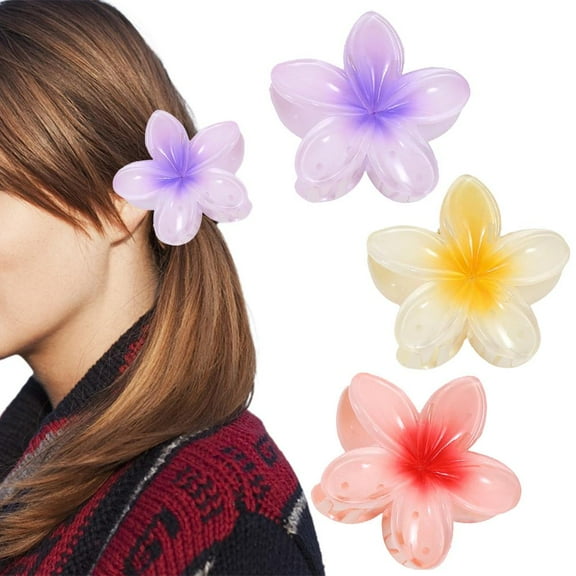 Hawaiian Plumeria Flower Hair Clips for Women Girls Acrylic Gradient Colored Petals Hair Clip Ponytail Hair Tie Headwear
