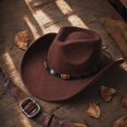 thumbnail image 6 of Vintage Wide Brim Felt Cowboy Hat with Decorative Hat Band, Classic Western Style Fedora Cowgirl Hat, Lightweight Outdoor Travel Party Costume Hat for Men Women Coffee, 6 of 7