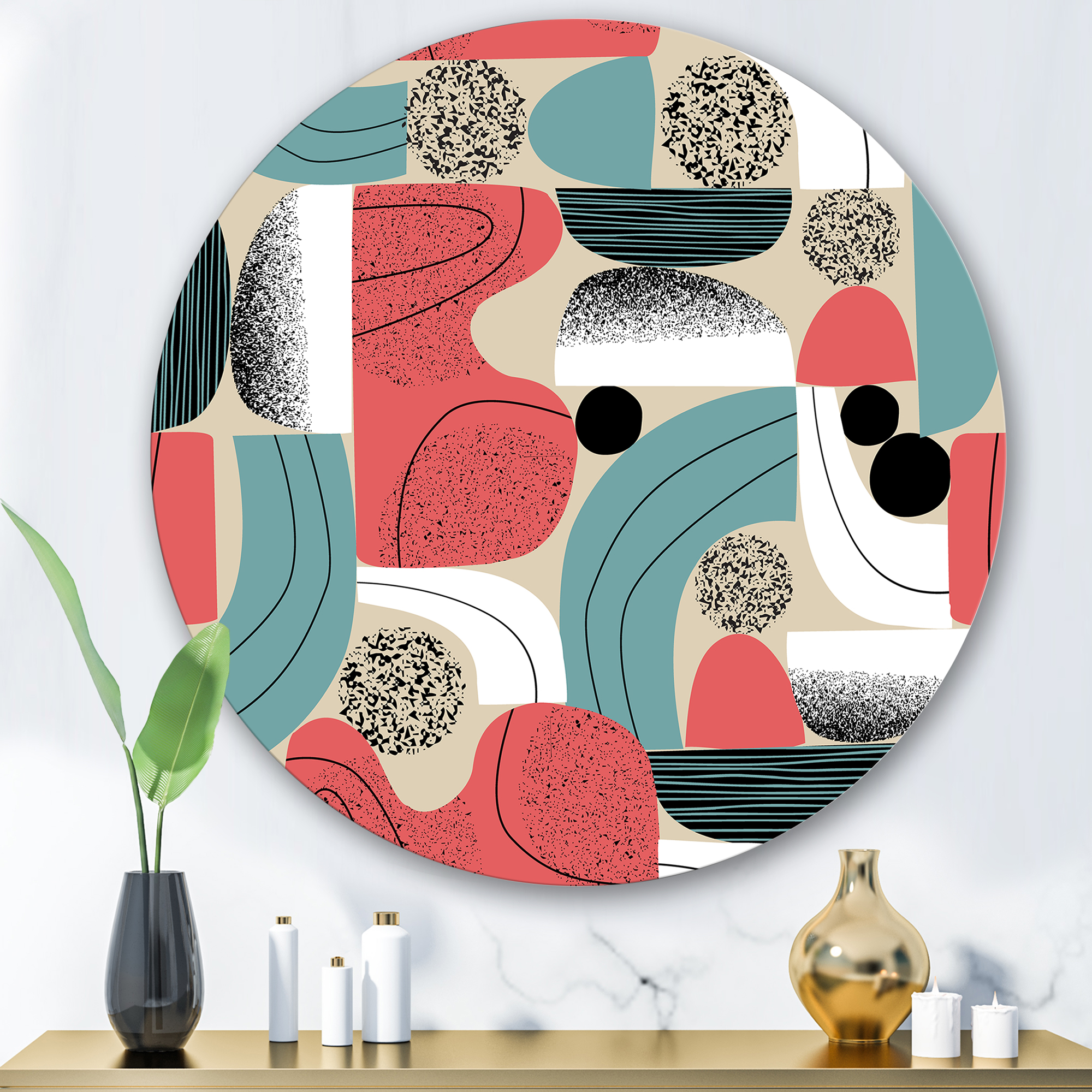 Designart 'Retro Shapes With Abstract Moons and Suns III' Modern Circle Metal Wall Art 29x29 - Disc of 29
