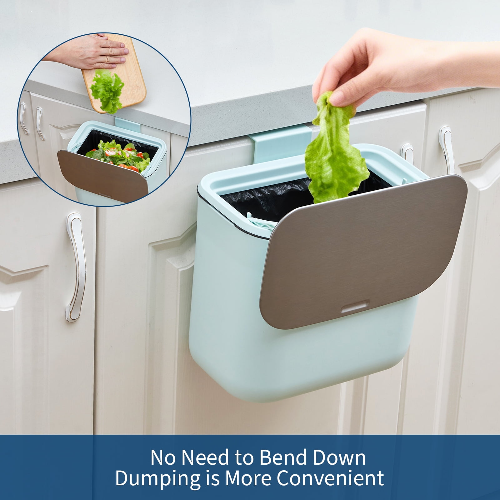 1.8 Gallon Kitchen Hanging Small Trash Can with Stainless Steel Lid, Odor-Free Compost Bin, Space-Saving Garbage Can for Cabinet, Under Sink, RV, Bathroom, Green