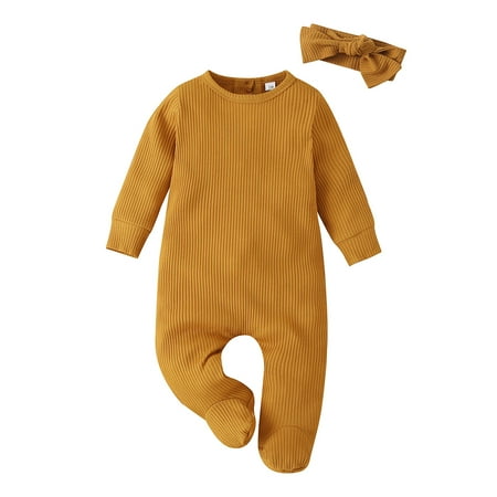 

Canrulo Newborn Baby Boys Girls Footies Romper Long Sleeve Jumpsuit Solid Bodysuit Headband 2Pcs Outfits Yellow 3-6 Months