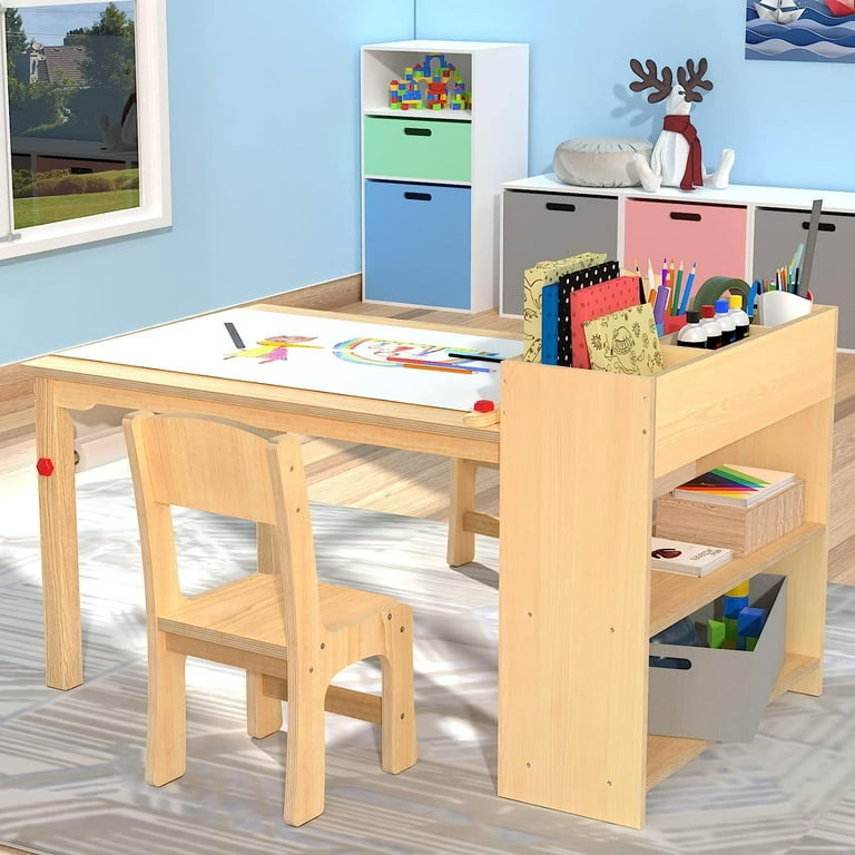 Kids Art Table and 2 Chairs, Wooden Drawing Desk, Activity