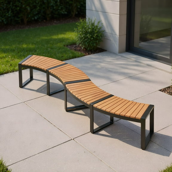 YYAo Garden Benches, Outdoor Bench, Patio Curved Bench with Slatted Seat and Metal Legs-2 Pieces