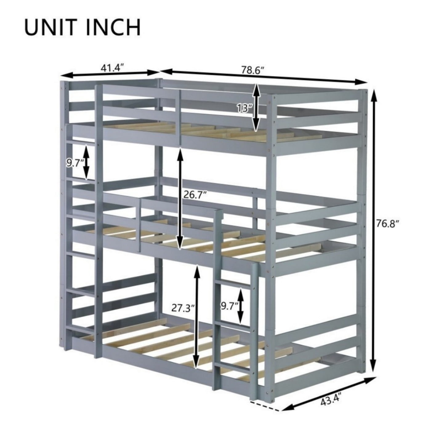 Triple Twin Bunk Bed, Rubber Wood Twin Over Twin Over Twin Bunk Bed with 2 Built-In Ladders & Guardrails, Detachable 3 Twin Beds, Gray