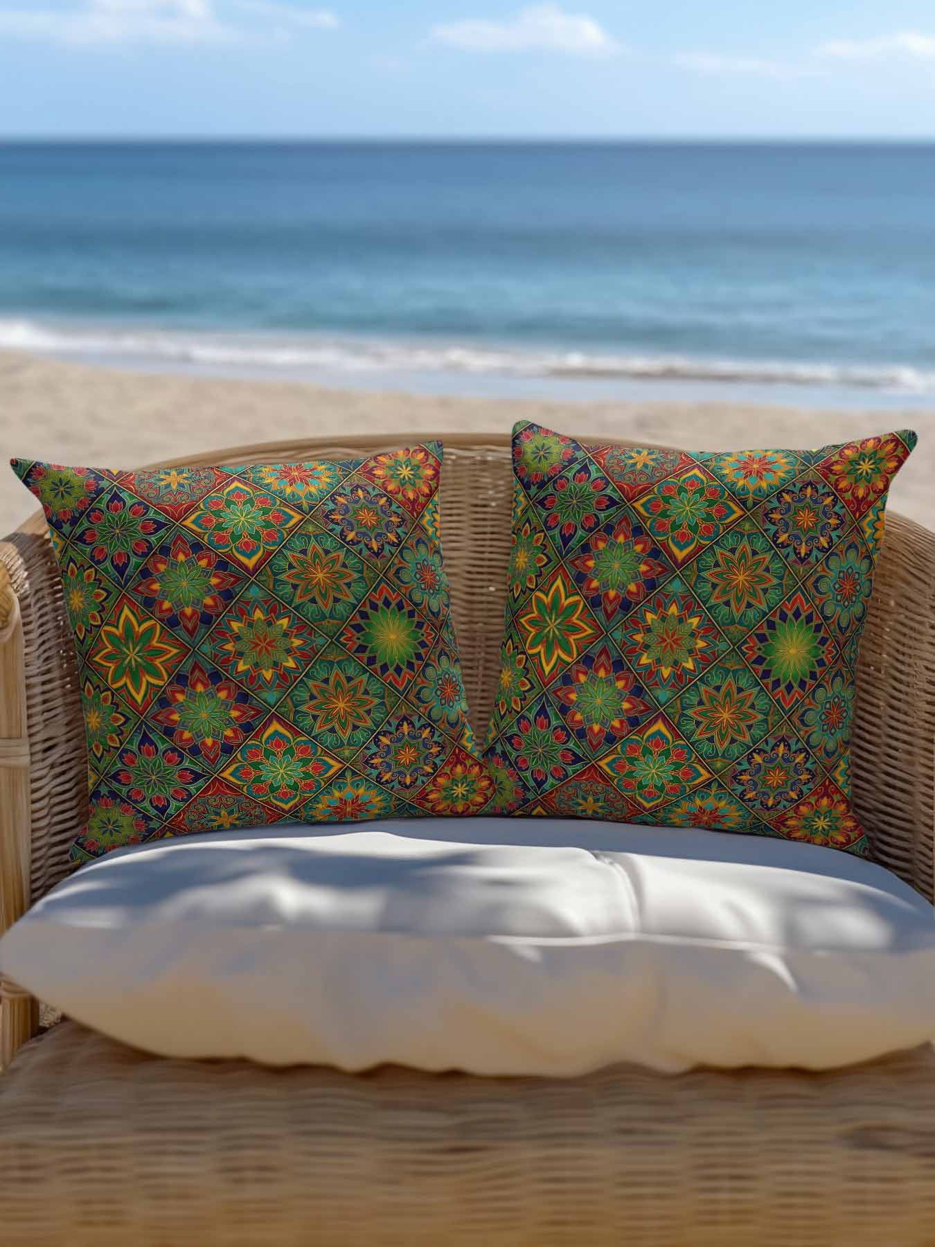 1 Pack Outdoor Throw Pillow, Retro Boho Waterproof Pillow with Insert Included, Green Blue Red Ethnic Floral Geometric Abstract Decorative Accent Cushion Sofa Pillows for Patio Porch, 18 x 18 In