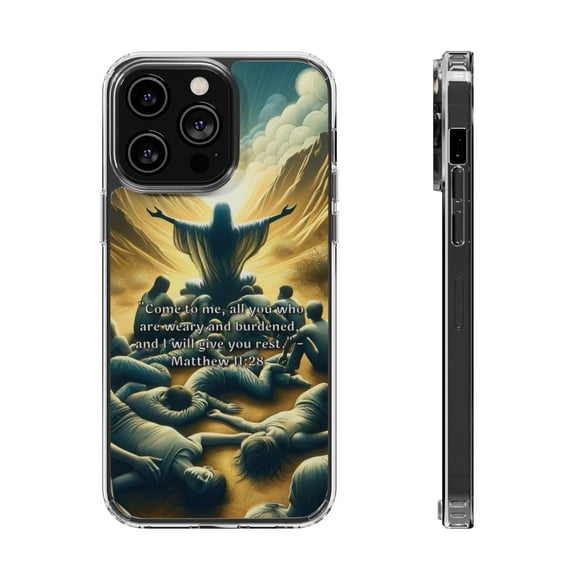DistinctInk Hybrid (Acrylic / TPU) Clear Slim Fit Case for Apple iPhone 12 Pro MAX (6.7" Screen) - "Matthew 11:28 - Find Rest in Me"