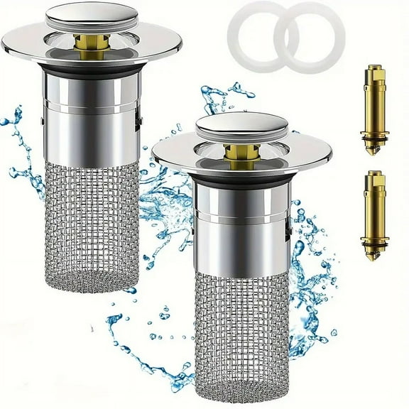 Bathroom Sink Plug with Hair Catcher and Stainless Steel Filter Fits 1.1-1.29 Inch 2 Packs