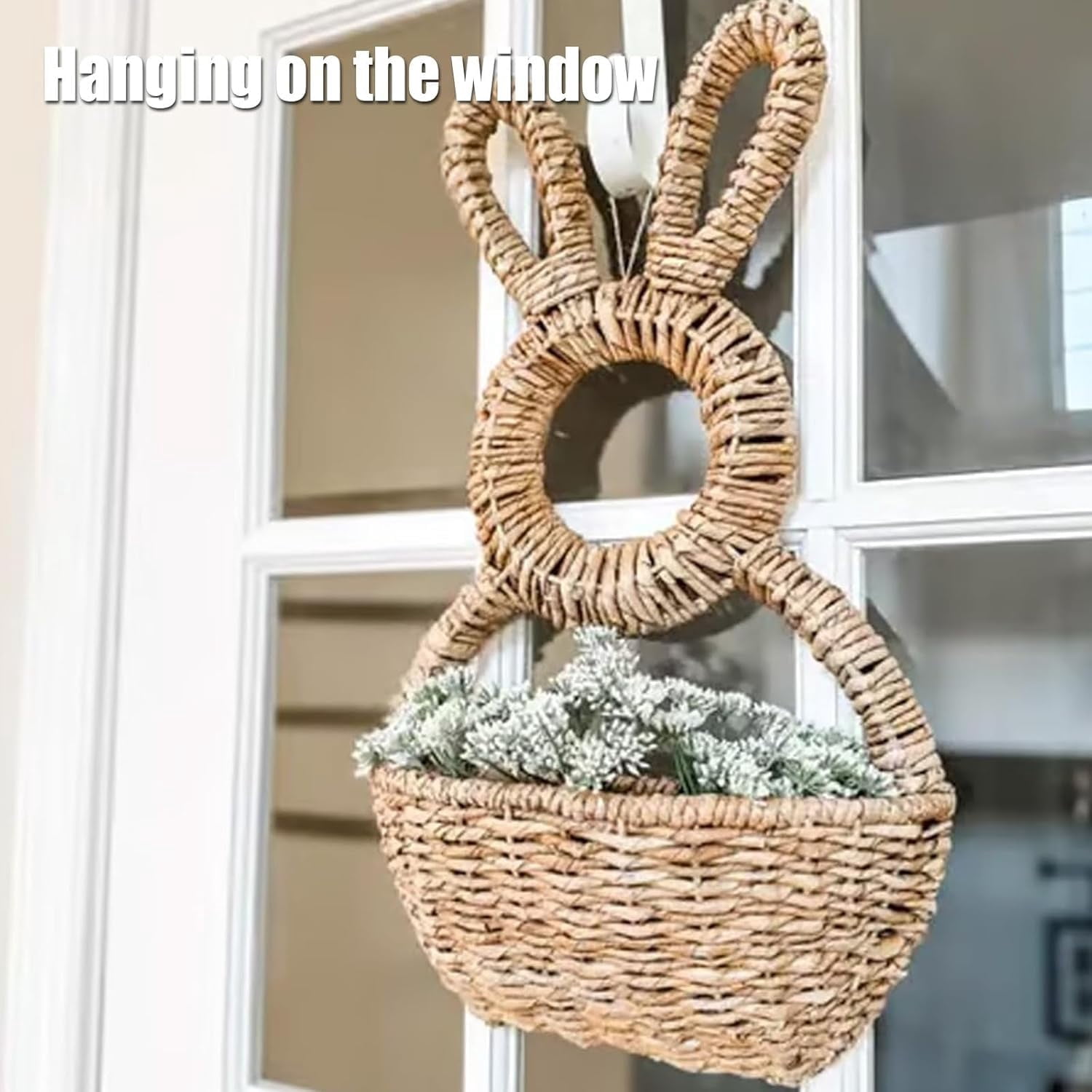 Bunny Basket Hanging Wall Pocket Spring Decor, Hand Woven Wicker Easter Basket Hanging Ornament, Handmade Wicker Easter Candy Eggs Baskets for Easter Eggs Storage (1PCS)