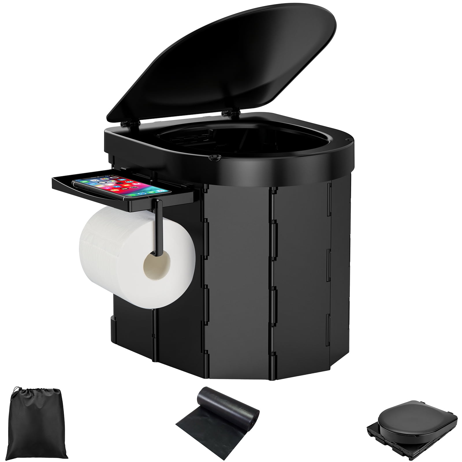 Wadeo Folding Portable Toilet with Detachable Phone Shelf