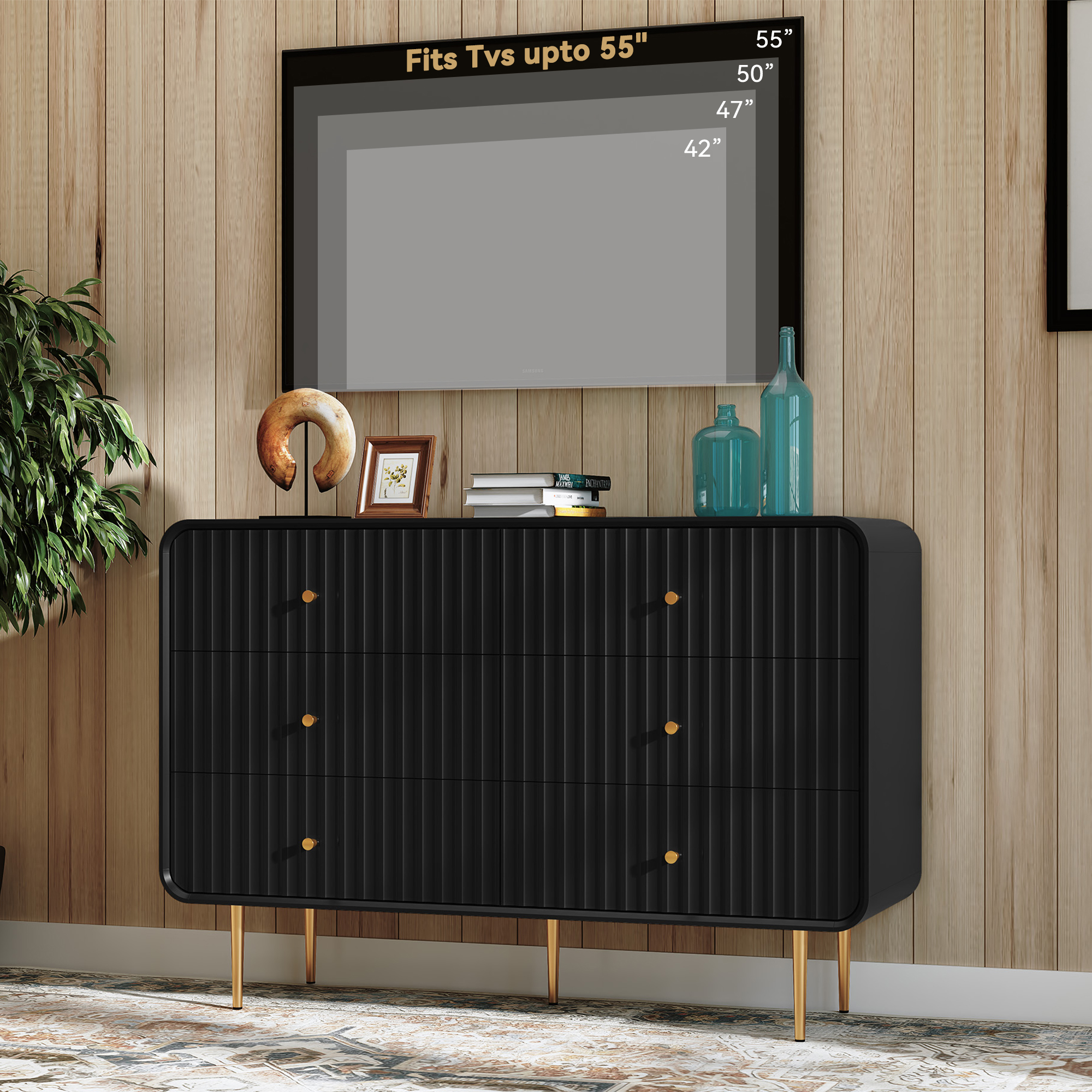 HLR 6 Drawers Dresser for Bedroom, 54'' W Modern Fluted Storage Chest of Drawers for Hallway, Black