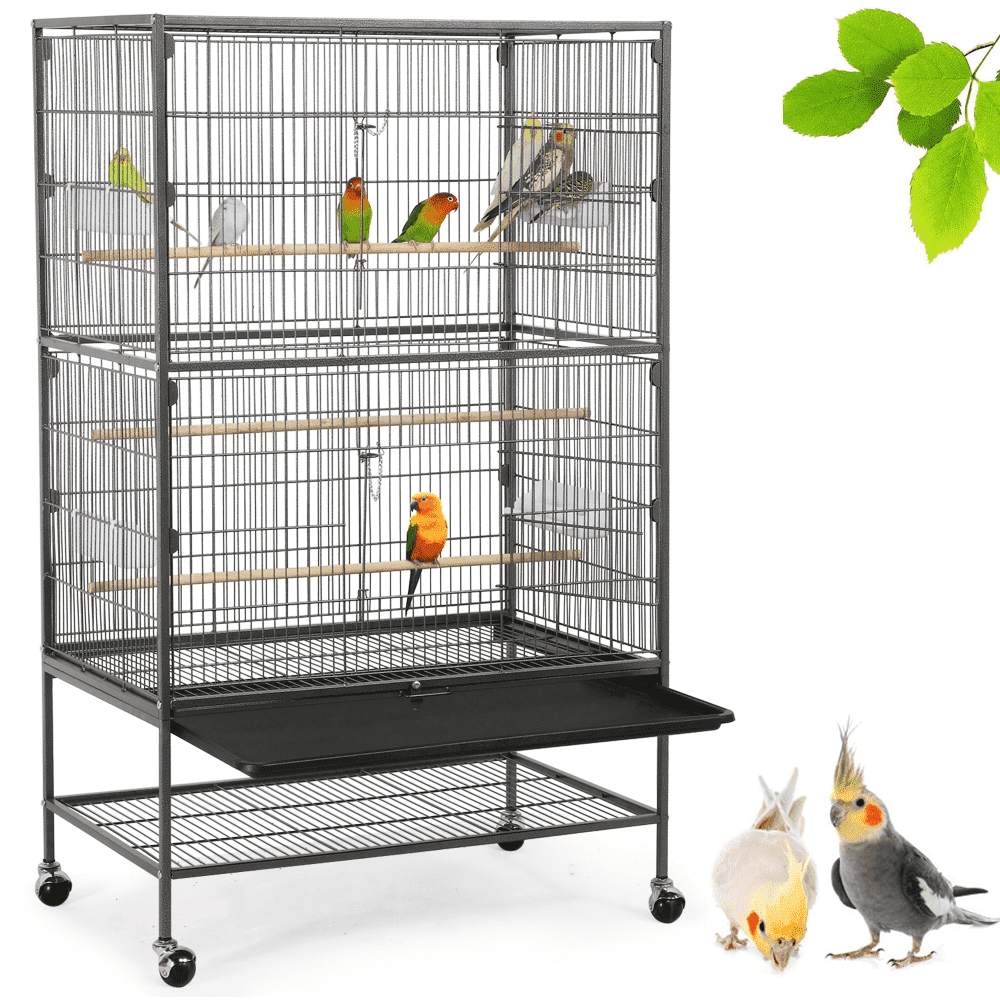 Yaheetech 52"H Metal Rolling Bird Cage with 3 Perches & 4 Feeders & Extra Storage Shelf, Black