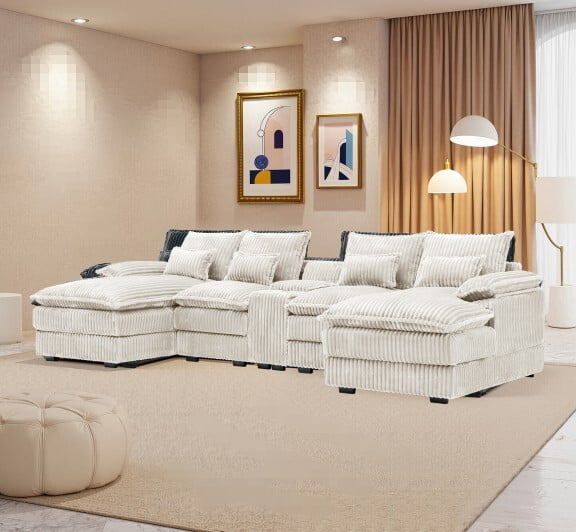 avobird Oversided 124" U Shaped Cloud Couch Sectional, DeepSeat Sofa Bed with USB Charging, Hidden Storage, Cup Holders & Chenille Double Chaise, Beige