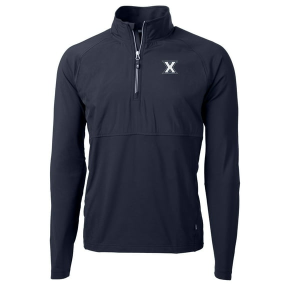 Men's Cutter & Buck Navy Xavier Musketeers Adapt Eco Knit Hybrid Recycled Quarter-Zip Pullover Top