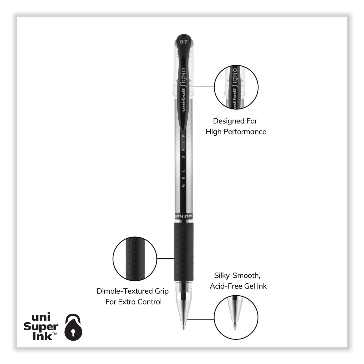 Signo GRIP Gel Pen, Stick, Medium 0.7 mm, Black Ink, Clear/Black/Silver Barrel, Dozen