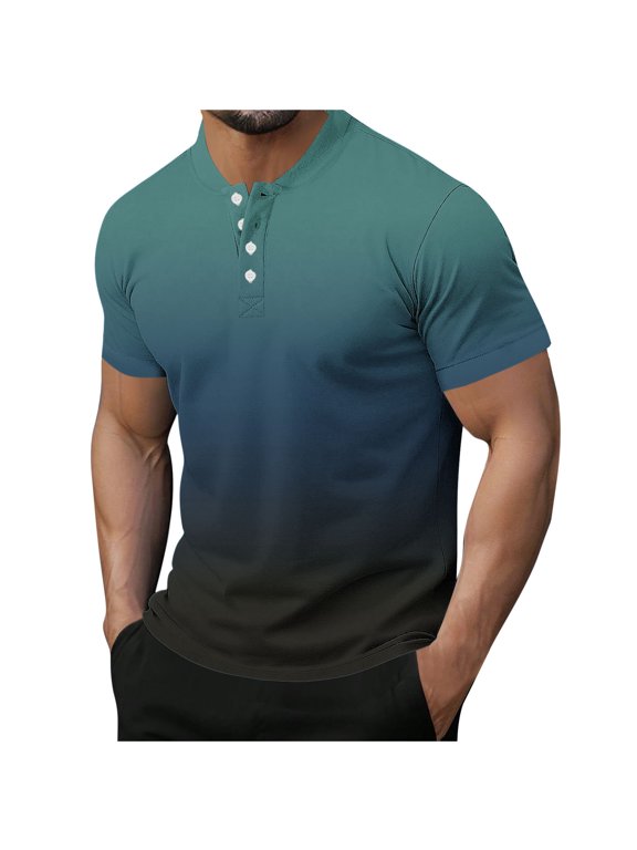 Mens Gradient Short Sleeve Henley Shirts Color Block Band Collar Button Down Pique Jersey Tops Summer Beach Vacation Athletic Shirts Father's Day Gift