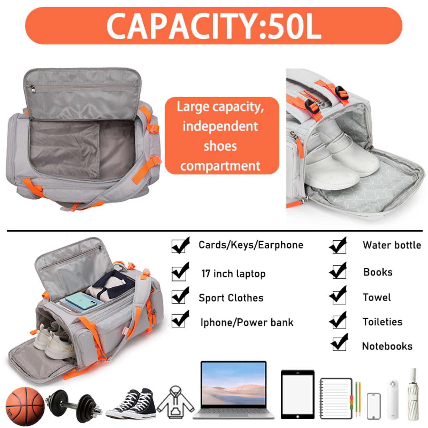 BE SMART 50L Extra Large Gym Backpack for Men, Big Gym Bag with Shoes Compartment, Waterproof Heavy Duty Duffel Bags, Men's Workout Backpacks for Outdoor Sport,Hiking,Camping (XL)