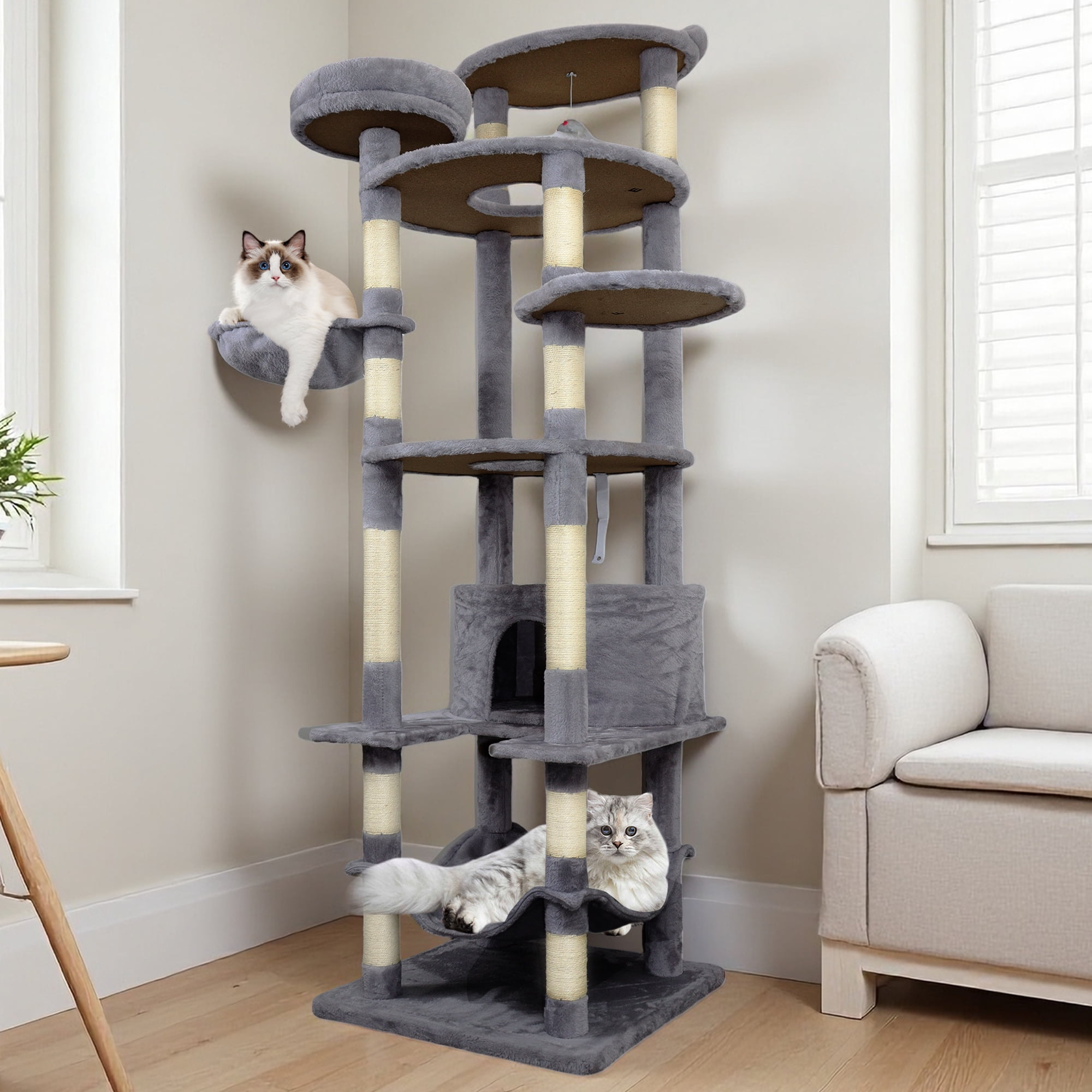 78.8in Dark Gray Cat Tree Tower with Wide Base, Large Condo, 12 Sisal Scratching Post, Big Hammock, Large Top Platform, Many Landing Perch and Interactive Toy