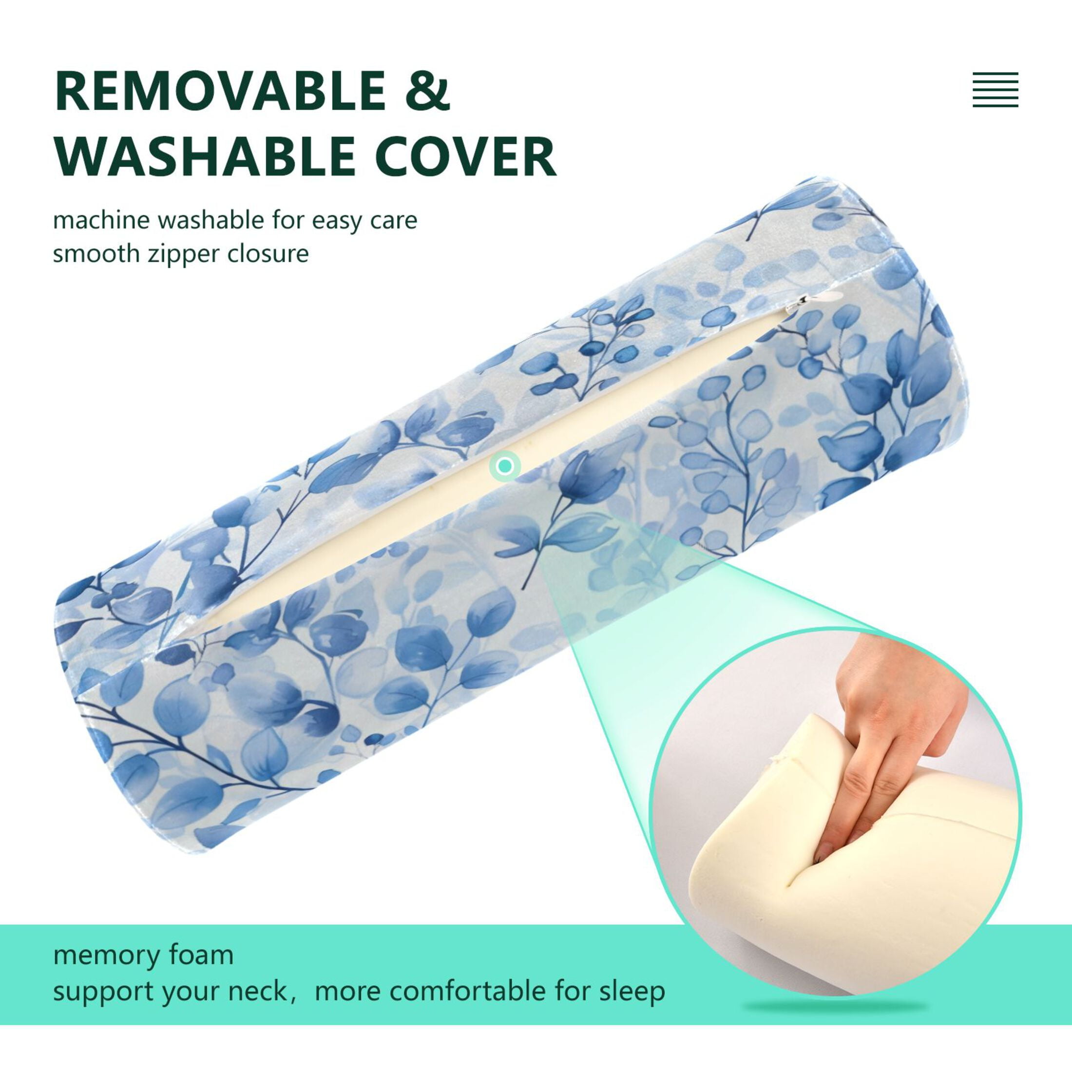 Neck pillow Round Cervical Pillow Cylindrical Pillow Lumbar Pillow Sofa Headrest Pillow Support For the Back, Neck and Head Light Blue Leaves