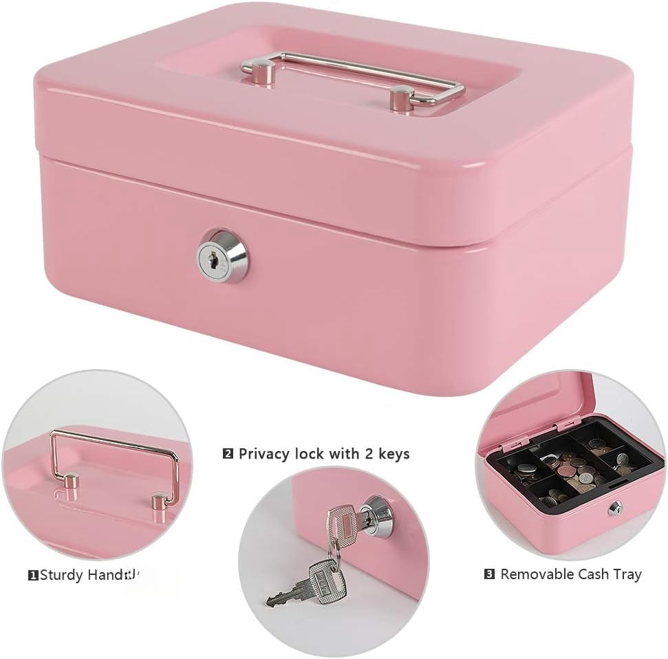 Locking Steel Medium Cash Box with Removable Coin Tray and Key Lock,7.87"x 6.30"x 3.54",White