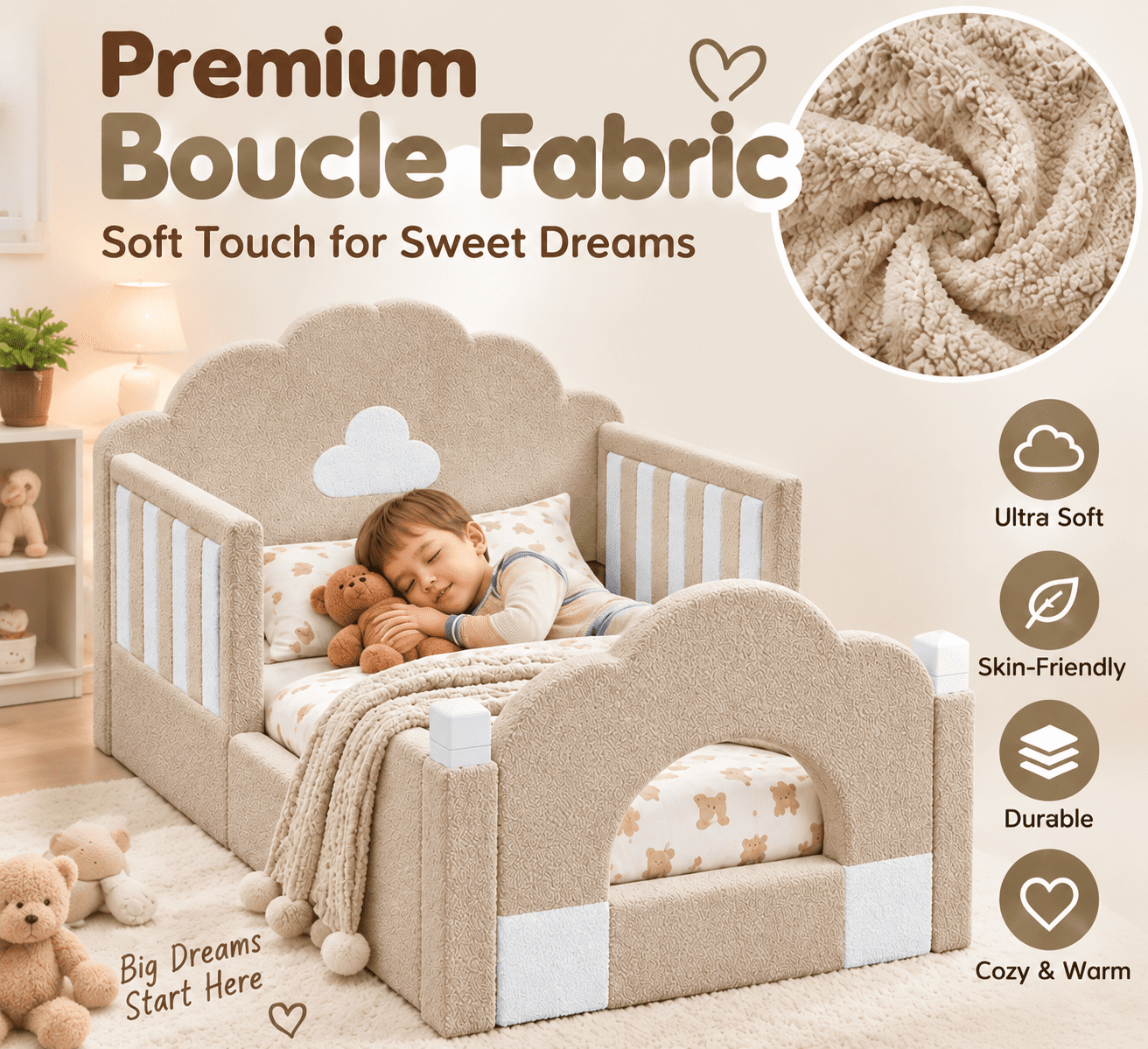 Wakefit Twin Size Kids Cloud Bed with Safety Guardrails,Boucle Upholstered Platform Bed Frame with Wood Slats,Cute Daybed for Girls Boys Bedroom,Camel