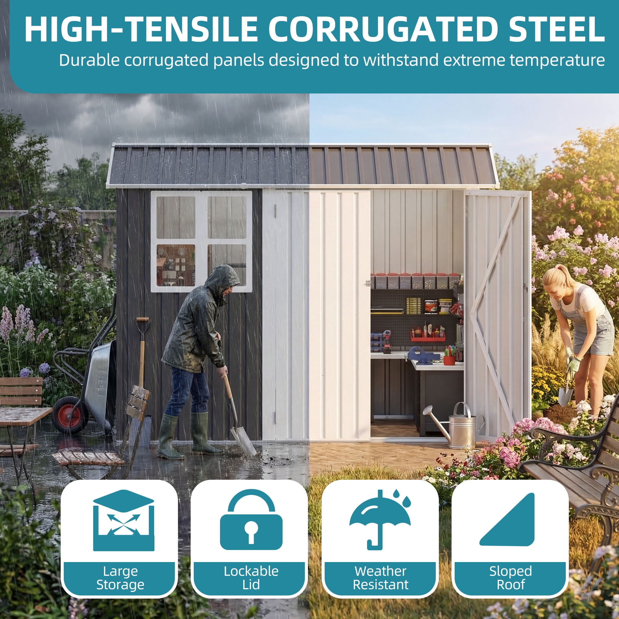 Uforic Metal Outdoor Storage Shed, 8x6ft Steel Tool Shed with Window, Lockable Door and Sloped Roof, for Backyard Patio Garage Lawn, Gray and White