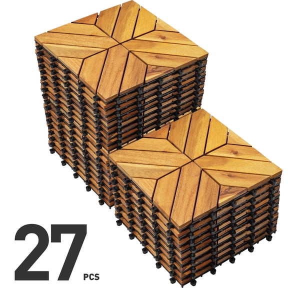 27Pcs Acacia Wood Interlocking Patio Deck Tiles, 12 x 12 x 1 Inch Outdoor Flooring Waterproof for for Patio Balcony Backyard Porch, Natural