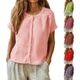 thumbnail image 2 of Oversized Tshirts for Women Linen Cotton Blend Button Down Shirt Casual Short Sleeve Neck Blouse Loose Fit Pink Summer Tops for Women, 2 of 9