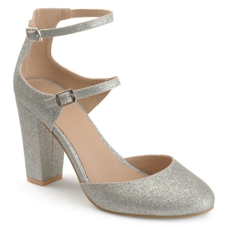 - Women's Faux Leather Glitter Double Strap Chunky High Heels