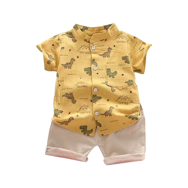 Odeerbi 1-5 Años Conjunto de Verano Para Niños Camisa de Manga Corta de Algodón Con Dinosaurio Conjunto de Dos Piezas Camisa Con Cuello Alto Estampada Pantalón Corto Con Cintura Elástica