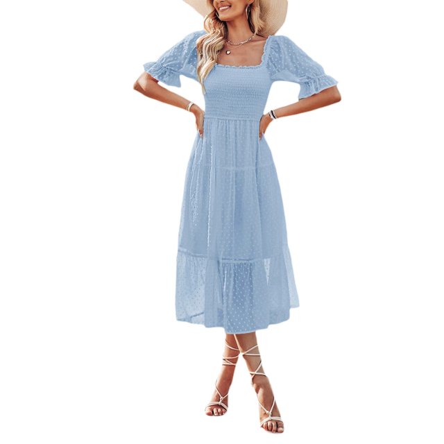Faithtur Nouvelle Mode Robe Longue d'Été pour Femmes Manches Courtes Bouffantes Col Carré Dos Nu Robe à Pois Suisses