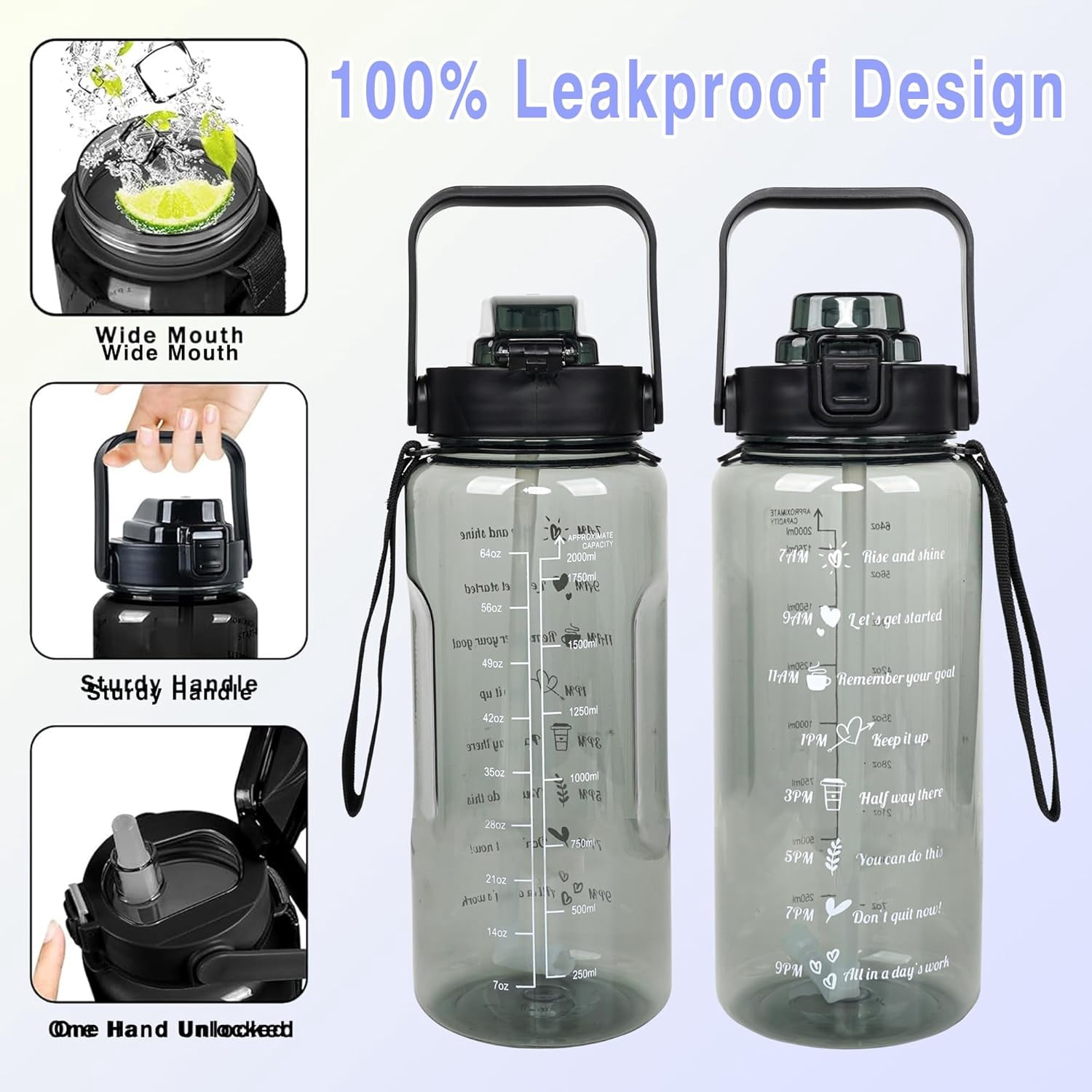 Goth Moon Half Gallon Water Bottle with Sleeve, 64 Oz Water Bottle with Measurements Marked, Leakproof-Free Drinking Water Bottle, Sports Water Bottle BPA Free Half Gallon Water Jugs