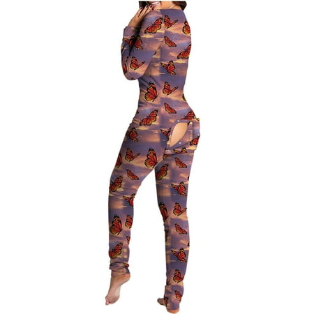 

Women Butterfly Printed Rompers Button-Down Fuctional Buttons Flap Adults Jumpsuit Pajamas Ladies Butterfly Print Pajama Bodysuit Button-Up Functional Button Flap Jumpsuit Pajamas