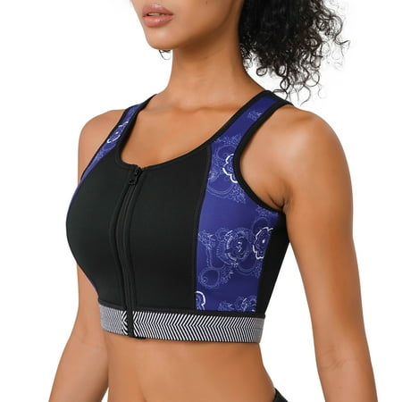 

Junlan Women Sports Support Bra with Front-Zipper High Impact Workout Full Cup Top Vest Wirefree Fitness(Blue XL)
