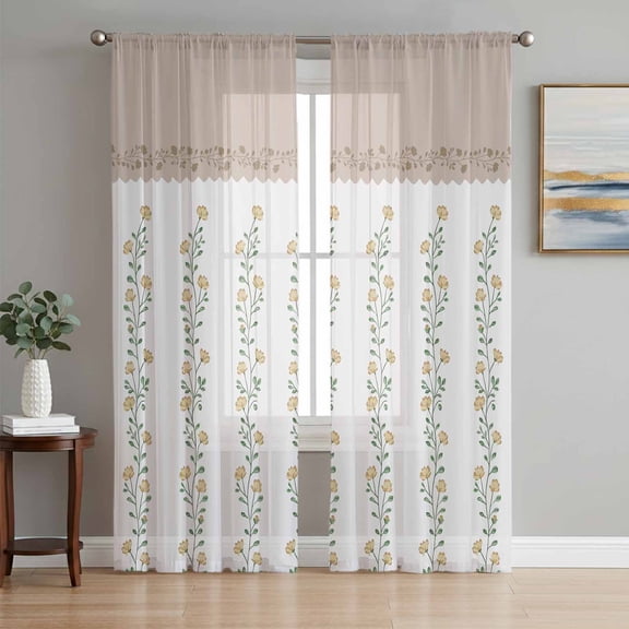 Beige Floral Sheer Curtains 108 Inch Length 2 Panels Set Window Treatments, Spring Summer Botanical Flowers Rod Pocket Semi Curtains for Living Room/Bedroom/Kitchen Décor, 104"W x 108"L